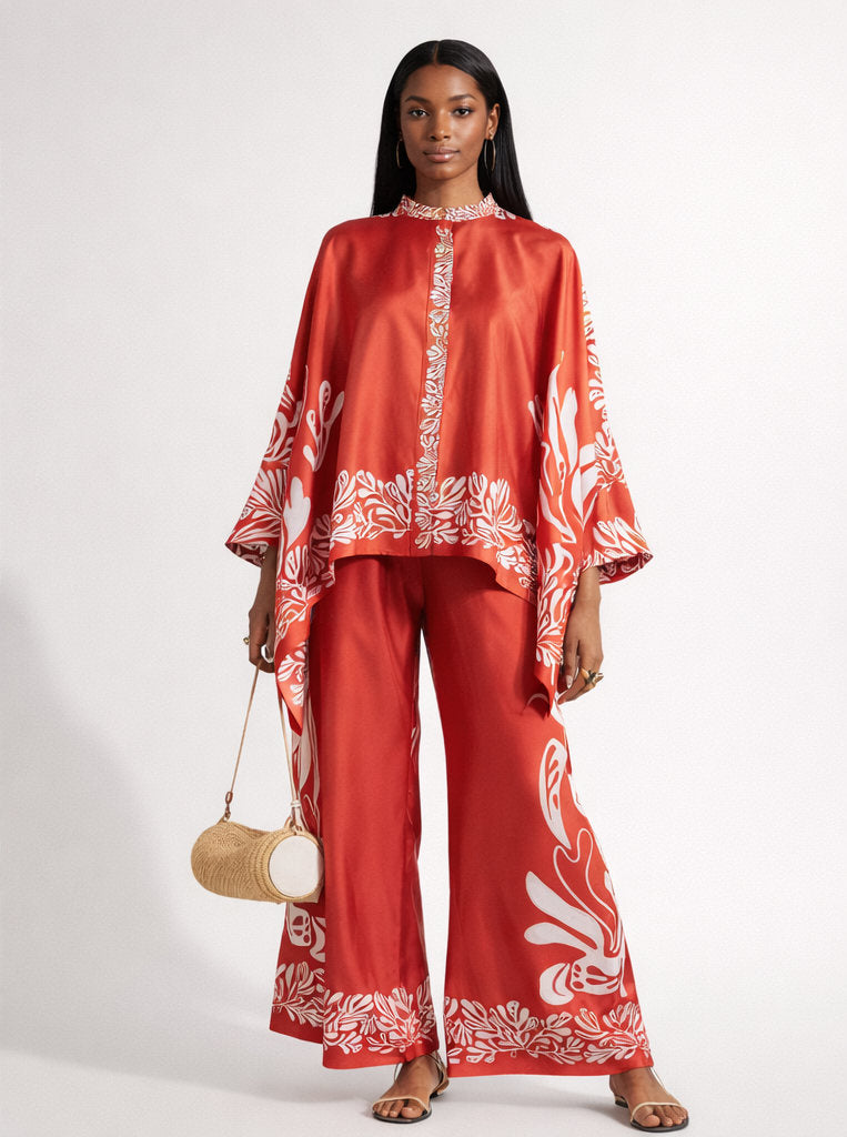 Women Casual High Waist Print Loose Shirt And Trouser 2PCS Suit Summer Retro Buttons Top Wide Leg Pants Ladies Outfit Streetwear