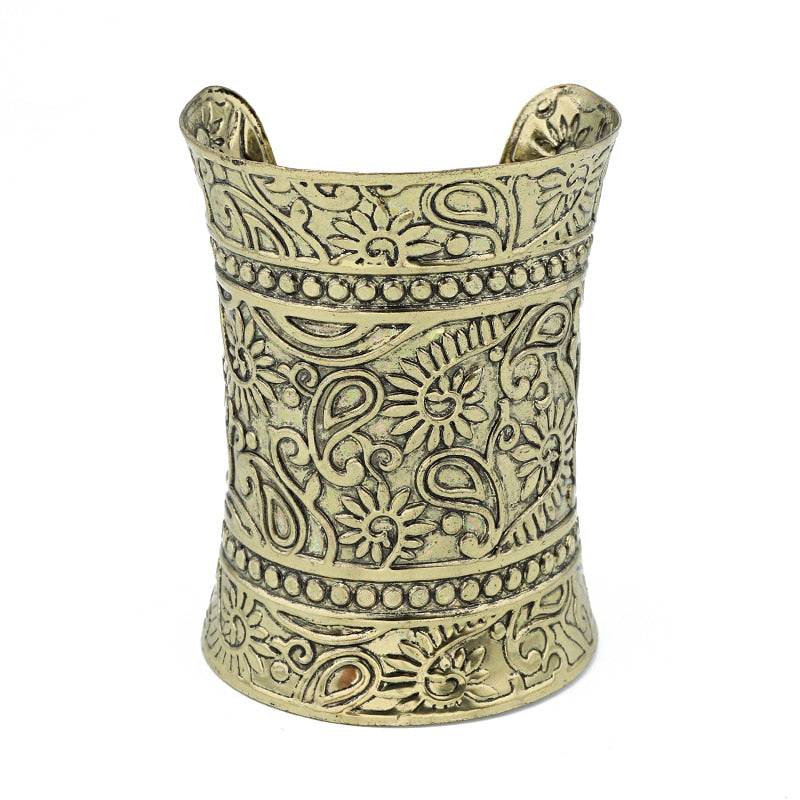 Antique gold-tone floral engraved hair cuff for locs, sisterlocks, dreadlocks, and braids. Non-damaging and stylish ponytail holder.