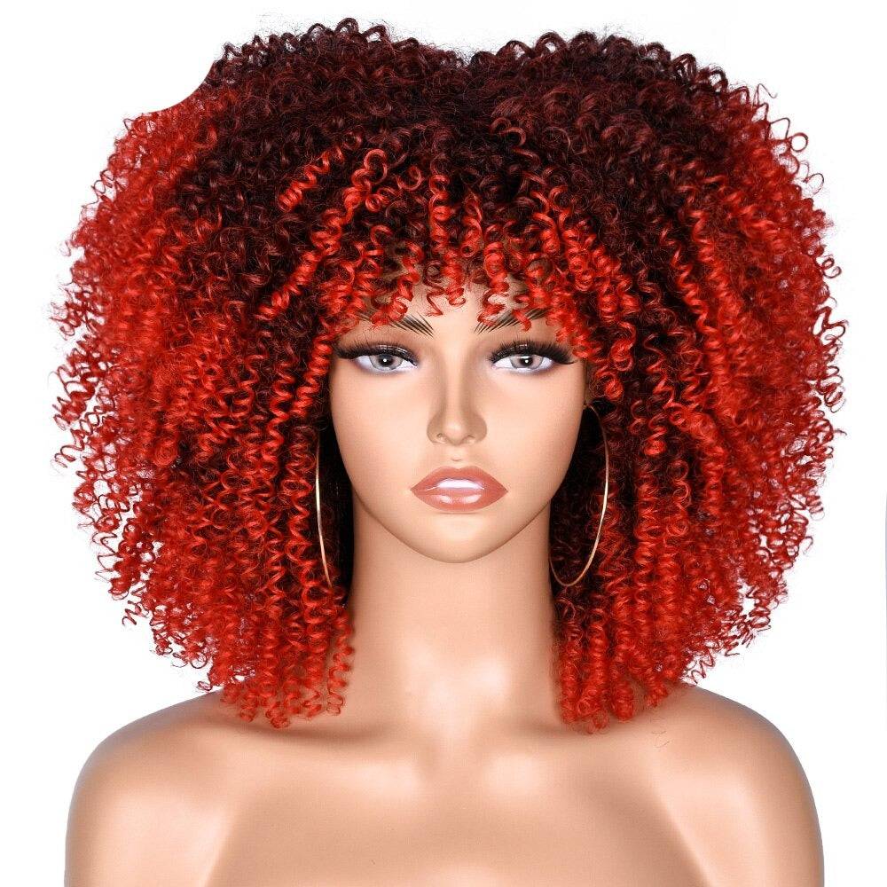 Vibrant red Medium length Afro Kinky Curly Wig with Bangs, featuring tight curls for a bold and fashionable statement.