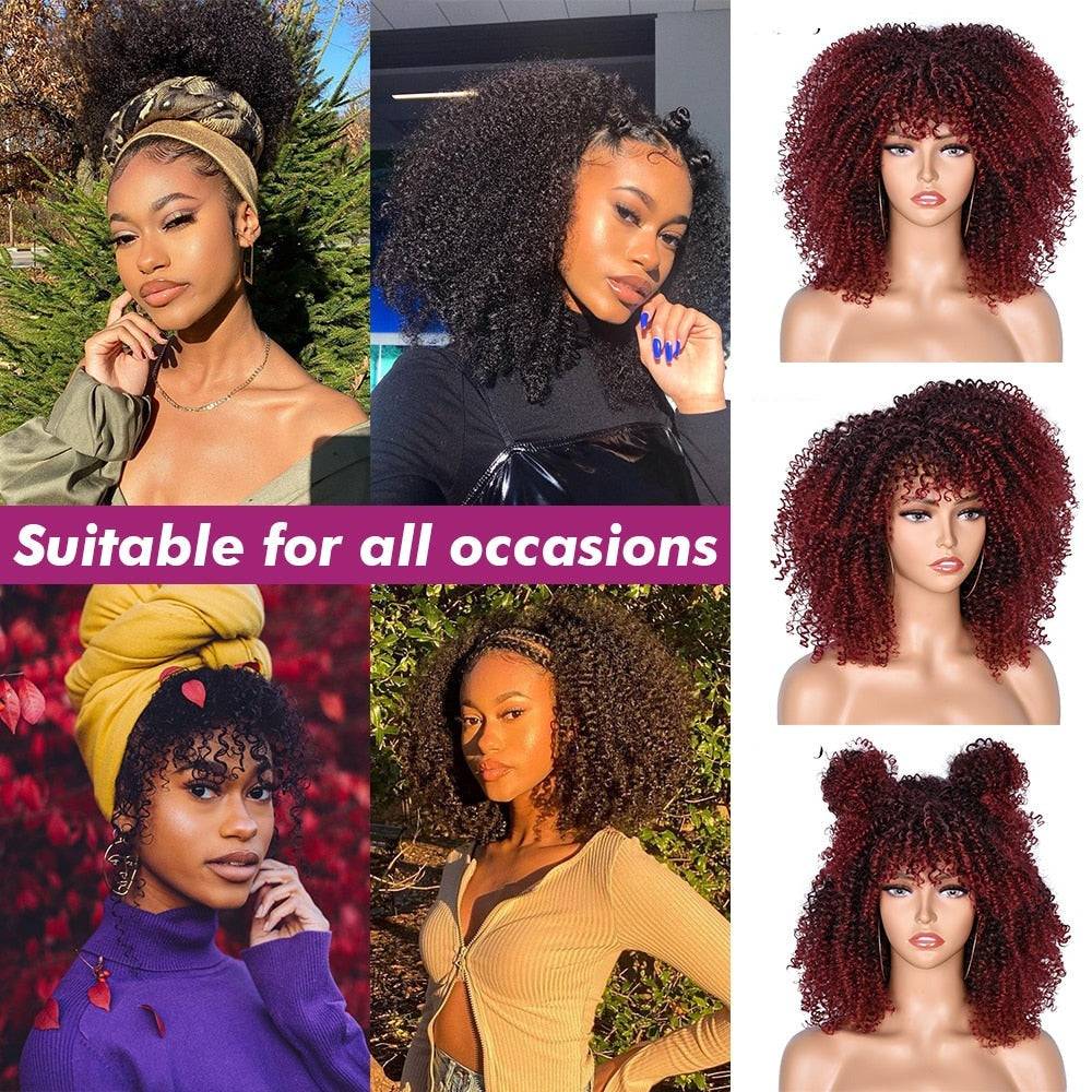 Collage showcasing different styling options for the Afro Kinky Curly Wig with Bangs, suitable for various occasions.