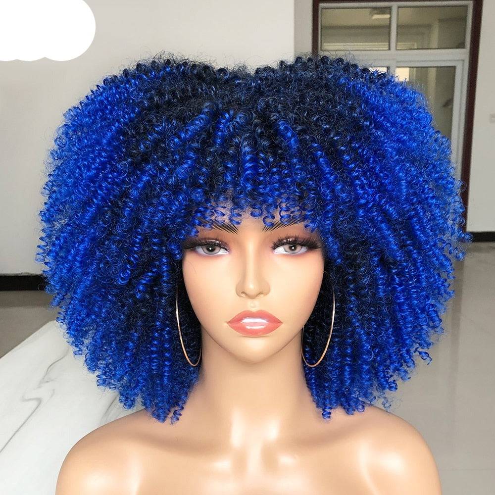 Blue and black ombre Afro Kinky Curly Wig with Bangs, offering a voluminous and stylish curly hairstyle.