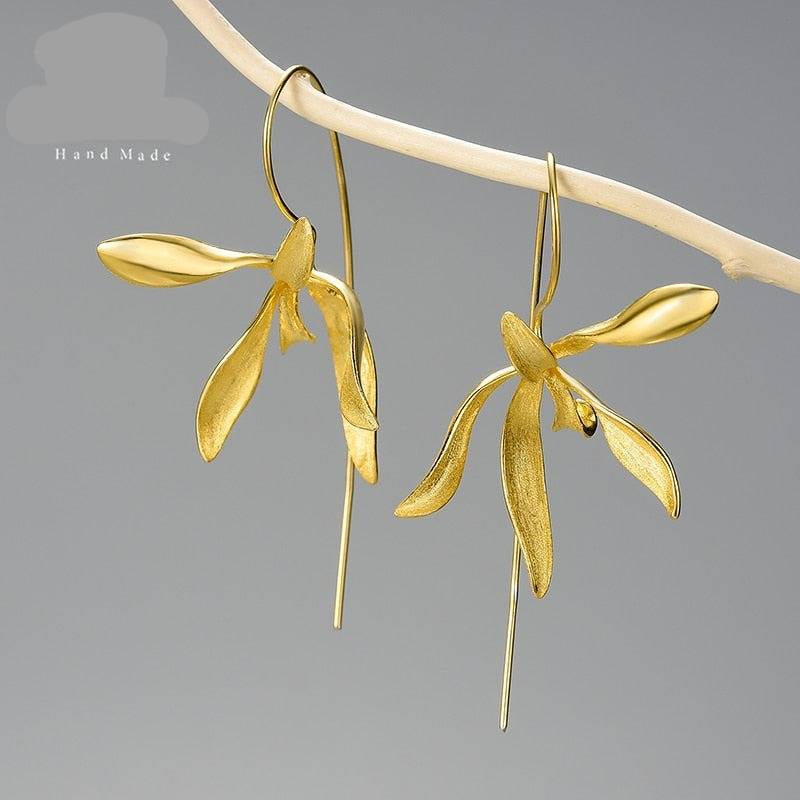 Beautiful Big Orchid Gold Flower Earrings