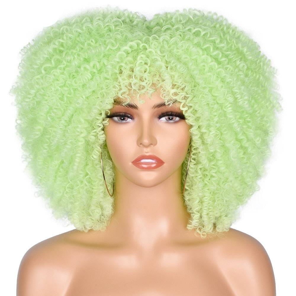Neon green Afro Kinky Curly Wig with Bangs, featuring voluminous curls for a bold and eye-catching hairstyle.