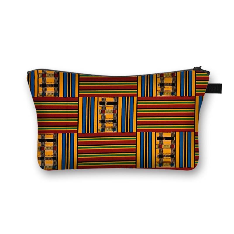 African print makeup bag with red, yellow, and blue checkered patterns. Stylish and lined cosmetic pouch for beauty essentials.