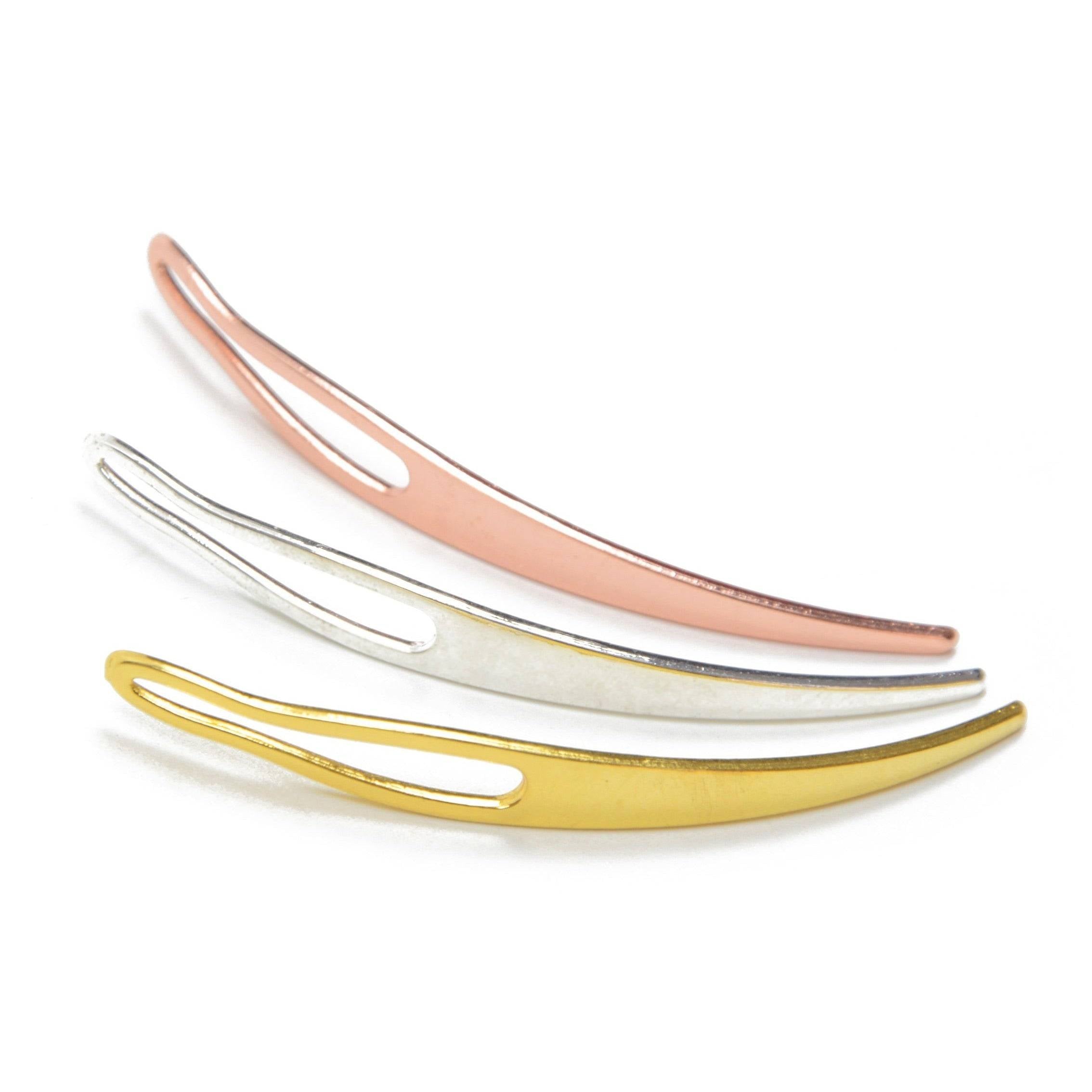 Set of three curved interlocking tools for Micro Locs, Sisterlocks, and Dreadlocks in gold, silver, and rose gold finishes.