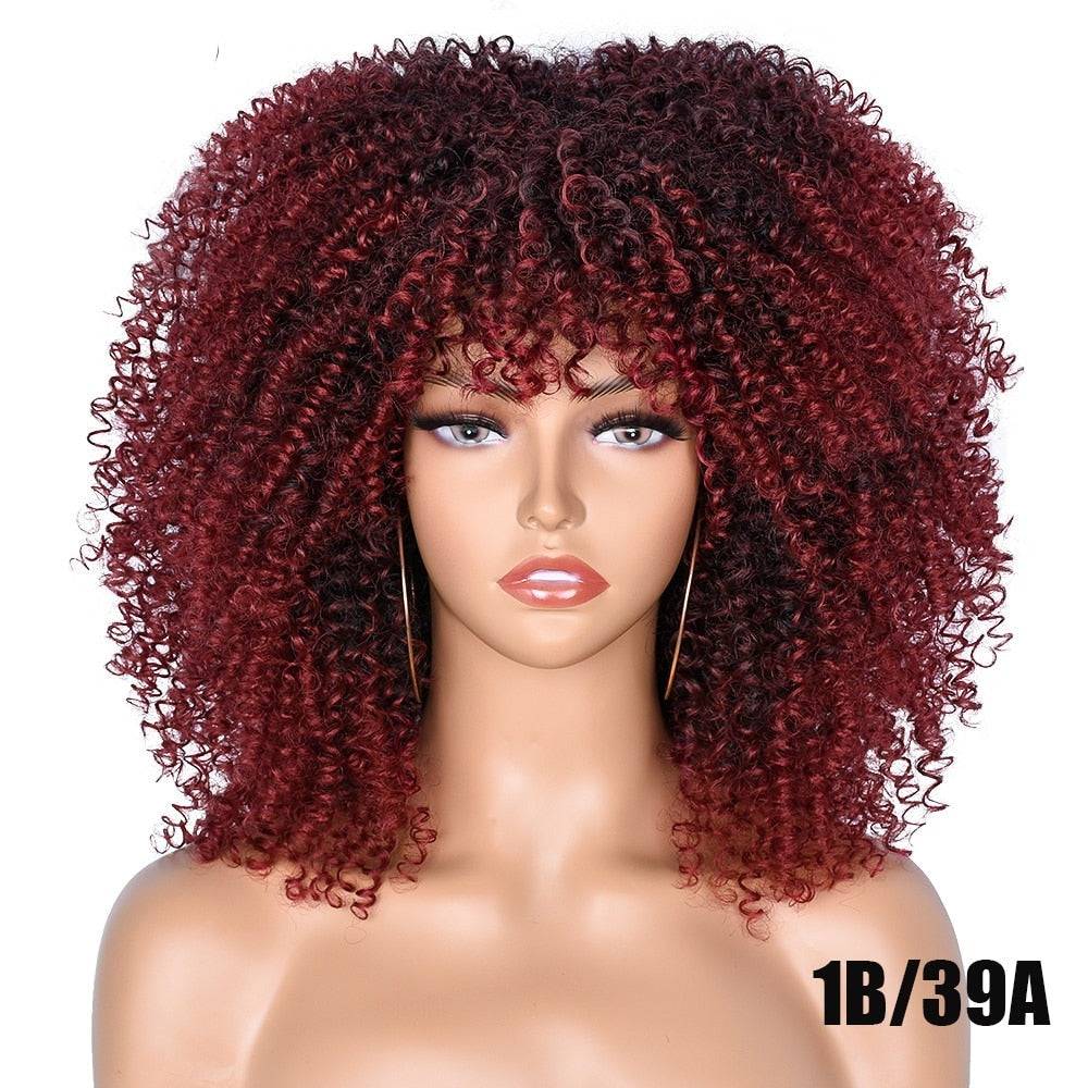 Afro Kinky Curly Wig with Bangs in shade 1B/39A, featuring a deep red ombre effect for a bold and stylish curly look.