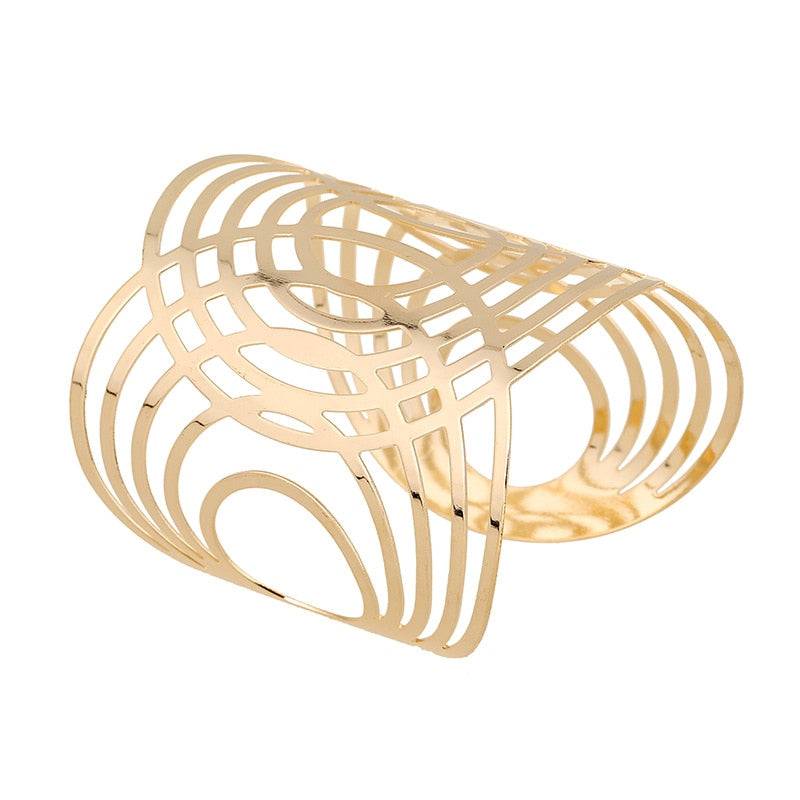 Gold-tone geometric openwork hair cuff for locs, sisterlocks, dreadlocks, and braids. Adjustable and non-damaging stylish hair accessory.