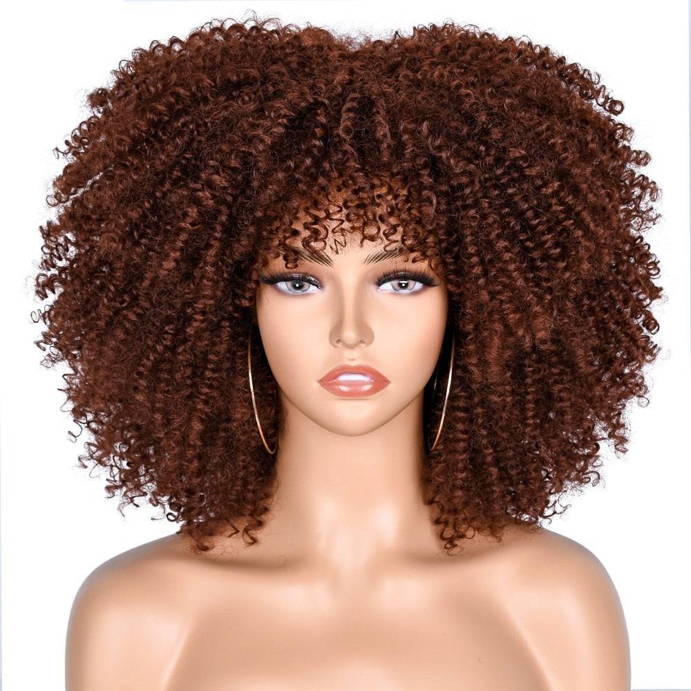 Rich brown Medium length Afro Kinky Curly Wig with Bangs, offering a natural and voluminous curly texture for a stylish look.