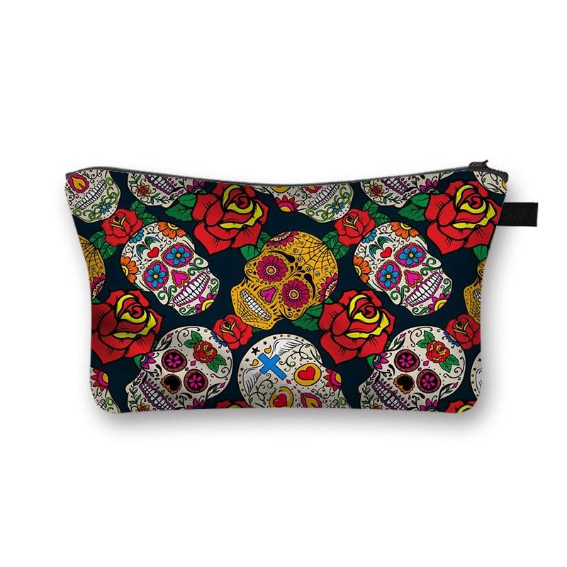 Day of the Dead-inspired makeup bag with colorful skulls and roses. Stylish and lined cosmetic pouch with a secure zipper.
