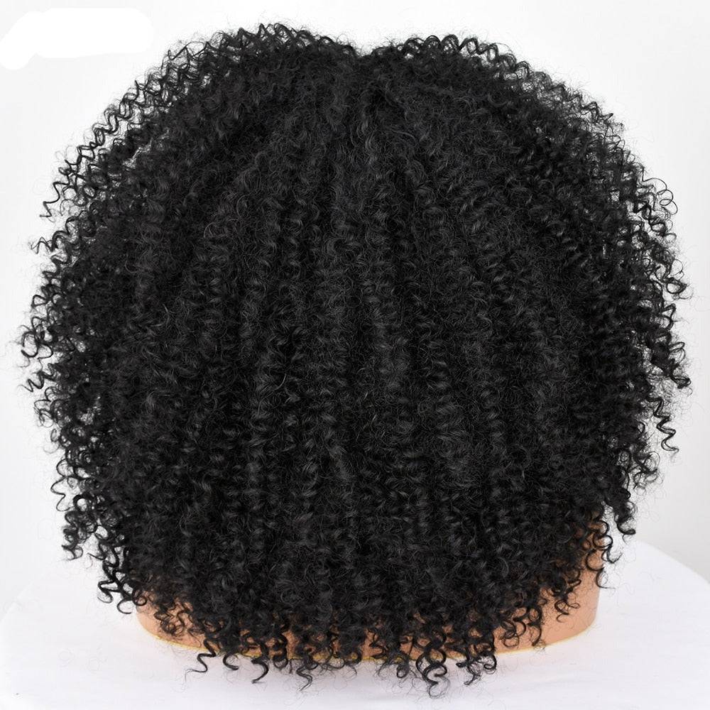 Back view of Black Afro Kinky Curly Wig with Bangs, 16-inch synthetic short curly wig showcasing its voluminous and natural texture.