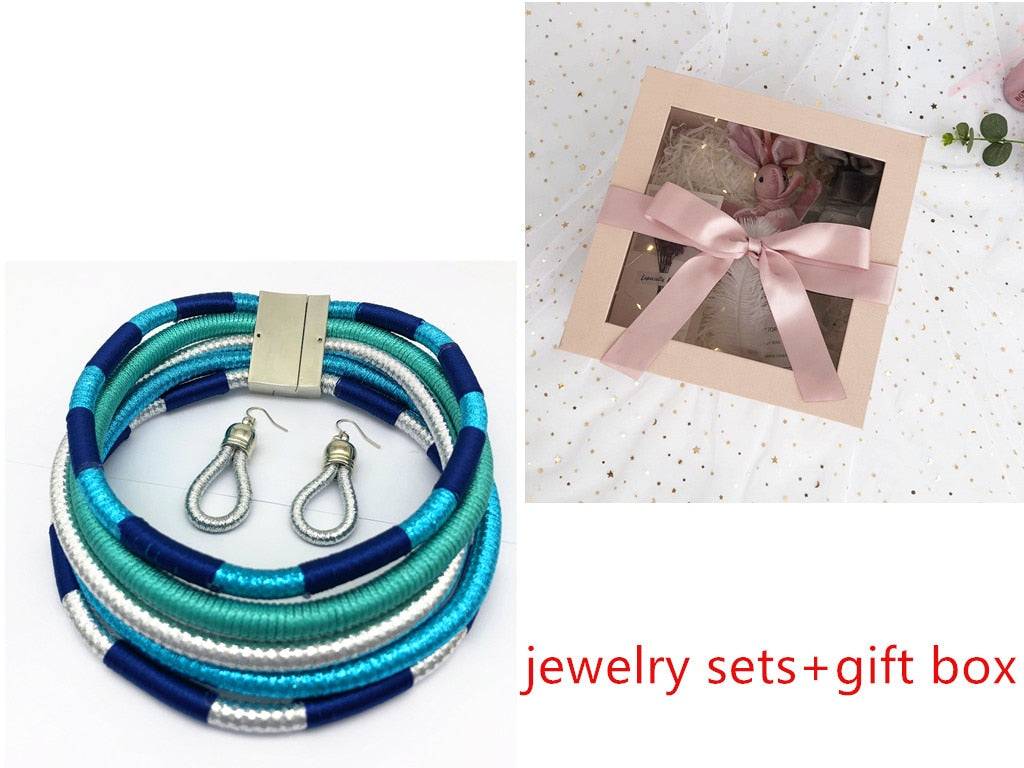 Eye-catching blue, green, and silver African choker multi-layer necklace set with matching earrings and a gift box. A unique jewelry gift for any occasion.