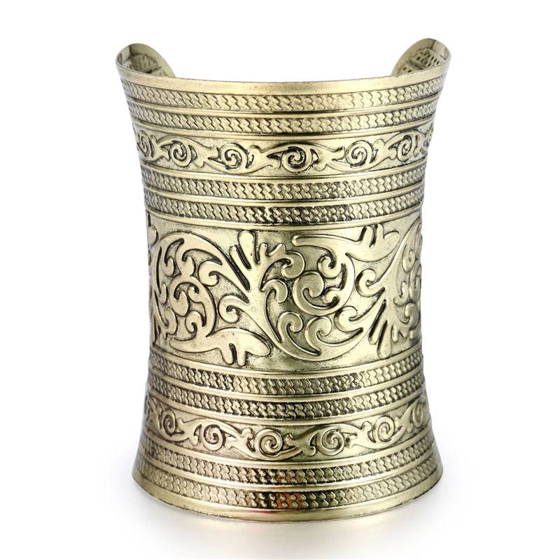 Bengali gold hair cuff with ornate floral engravings for locs, sisterlocks, dreadlocks, and braids. Stylish and non-damaging ponytail holder.