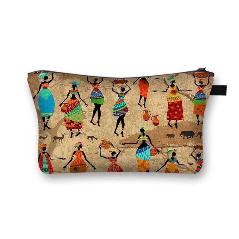 African print makeup bag featuring dancing women in colorful dresses. Stylish and spacious cosmetic pouch with cultural artwork.