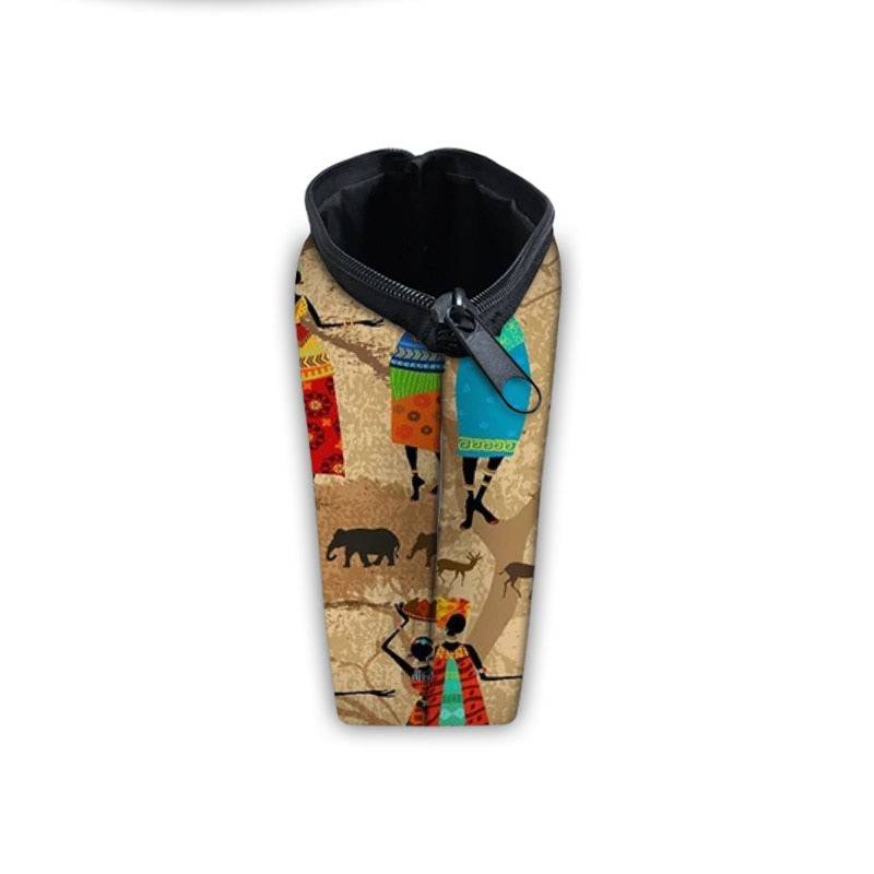 African print makeup bag with dancing women, shown standing upright. Stylish and lined cosmetic pouch for beauty essentials.