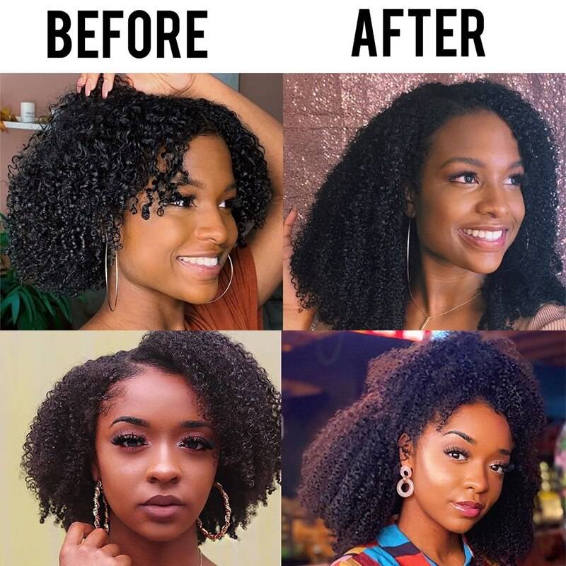 Before and after transformation using Human Hair Afro Kinky Curly Clip In Extensions Full Head Sets. Enhances volume and texture for a natural look.
