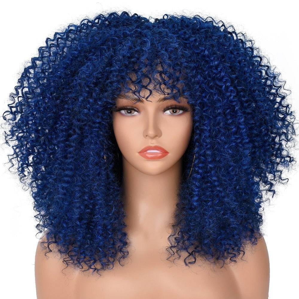 Deep Blue Afro Kinky Curly Wig with Bangs, 16-inch synthetic short curly wig for Black women, offering a vibrant and voluminous look.