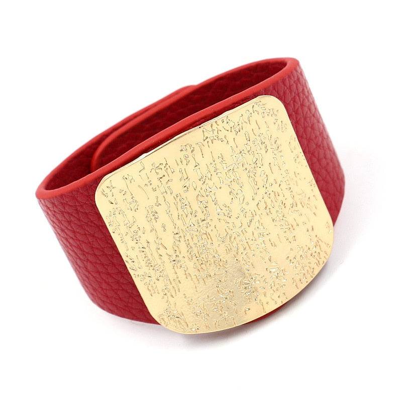 Crimson red leather hair cuff with a textured gold plate, perfect for locs, sisterlocks, and dreadlocks. A fashionable and non-damaging hair accessory.