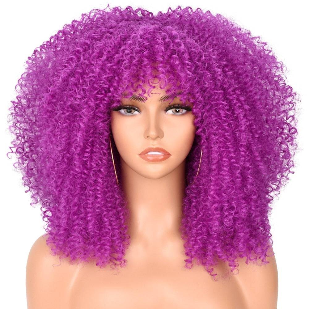 Vibrant Purple Afro Kinky Curly Wig with Bangs, 16-inch synthetic short curly wig for Black women, featuring a bold and voluminous look.