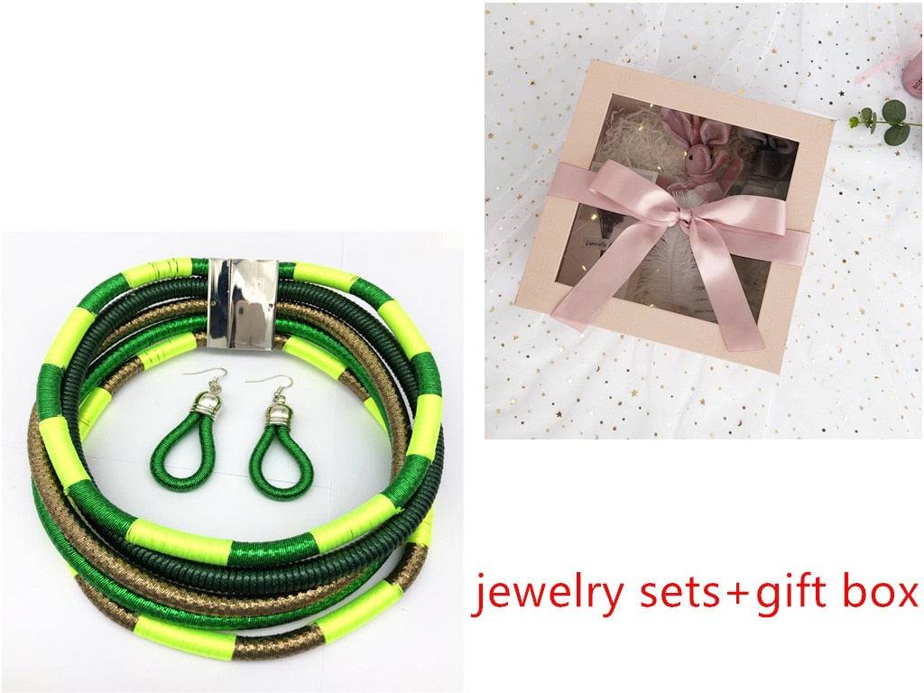 Striking green, yellow, and gold African choker multi-layer necklace set with matching earrings and a gift box. A bold jewelry gift for cultural fashion.