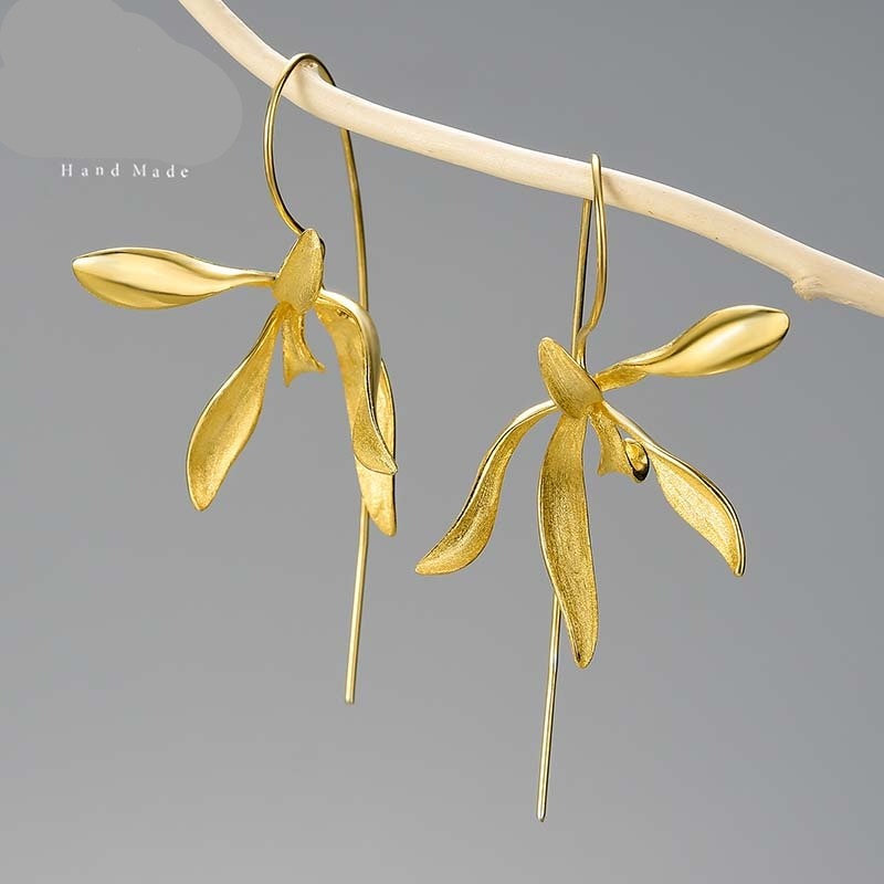 Beautiful Big Orchid Gold Flower Earrings