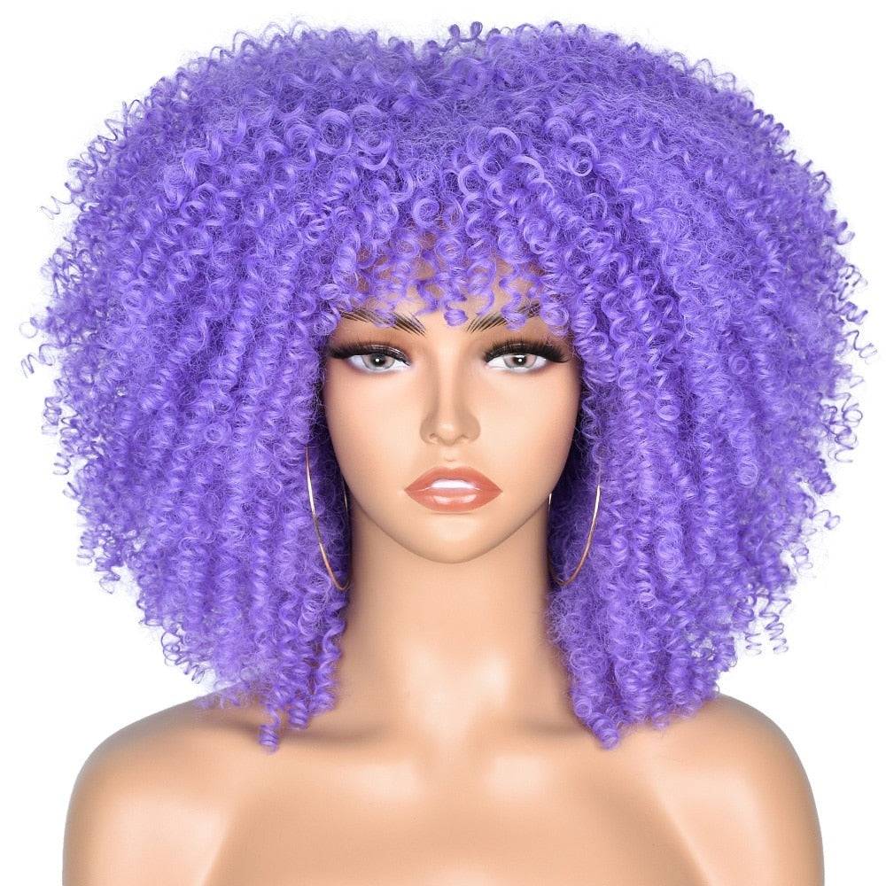 Light purple Medium length Afro Kinky Curly Wig with Bangs, featuring tight curls for a vibrant and fashionable appearance.
