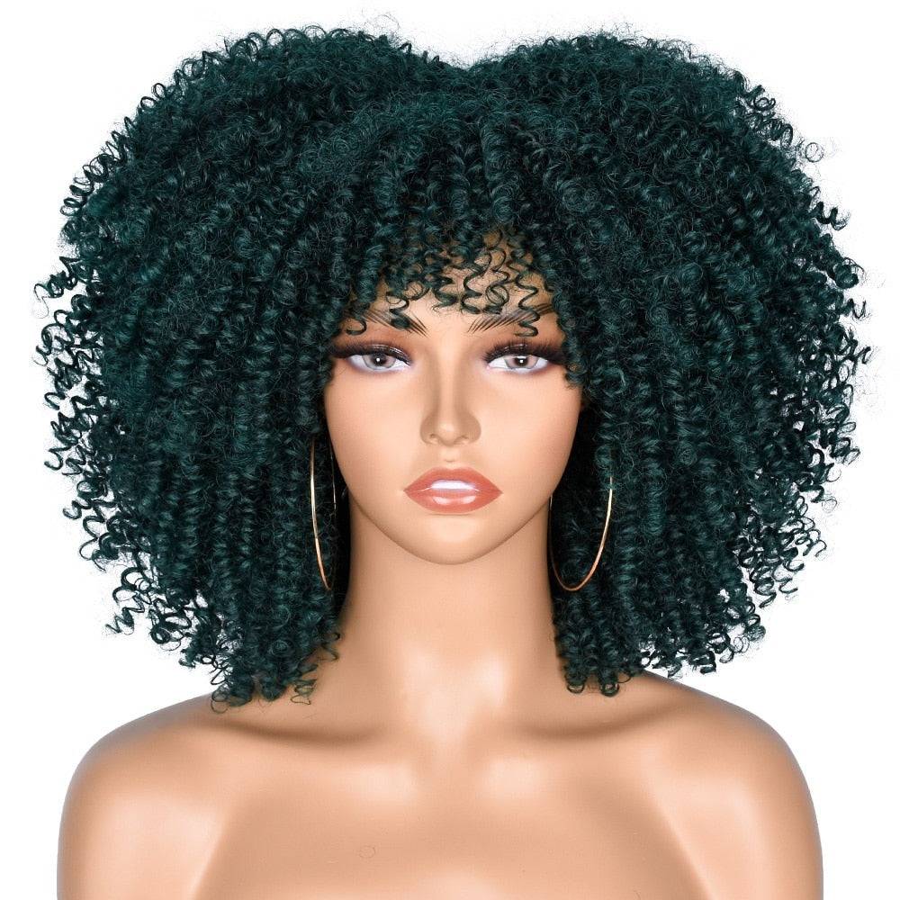 Dark green Medium length Afro Kinky Curly Wig with Bangs, offering a voluminous and natural curly texture for a unique look.