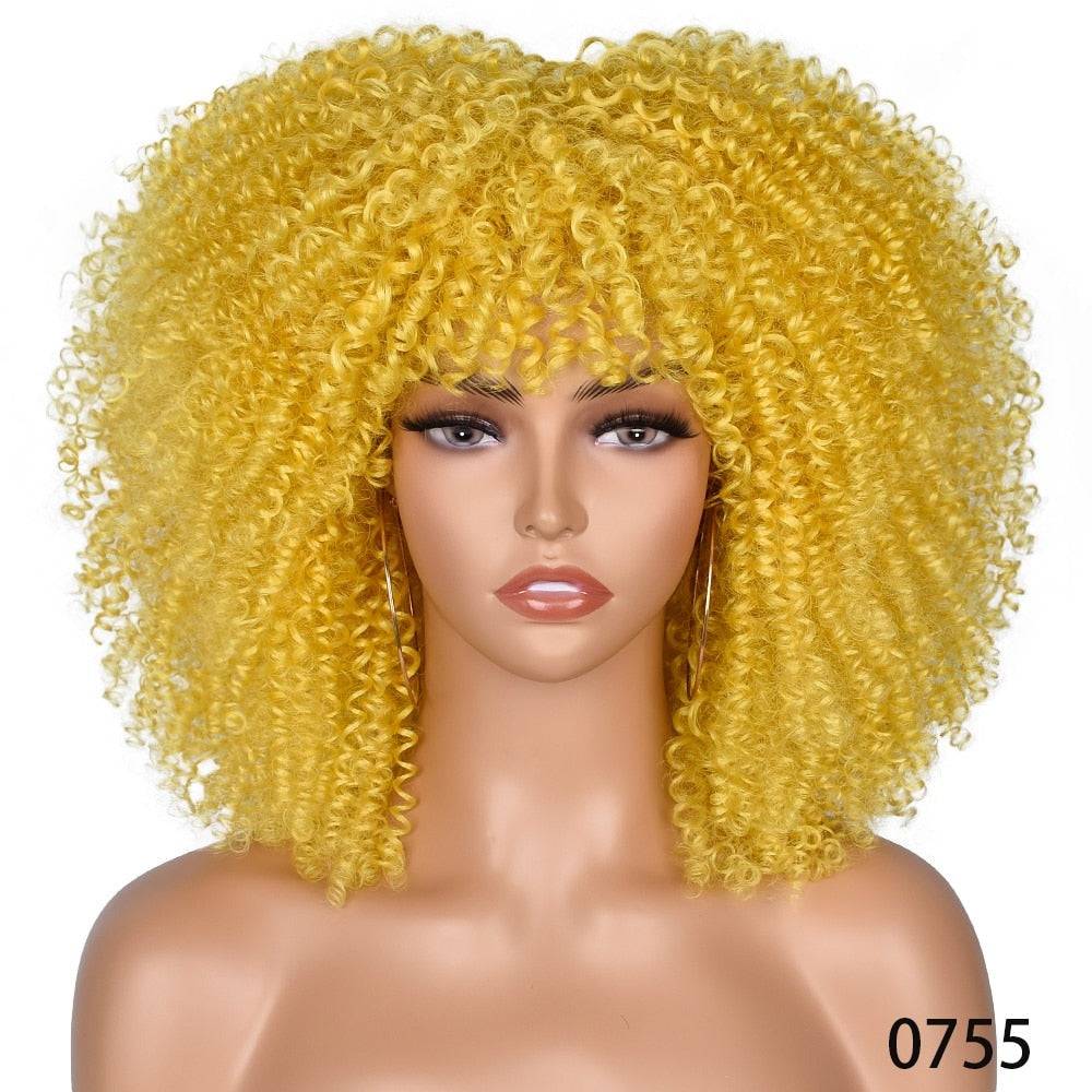Bright yellow Medium length Afro Kinky Curly Wig with Bangs, featuring tight curls for a bold and eye-catching look.