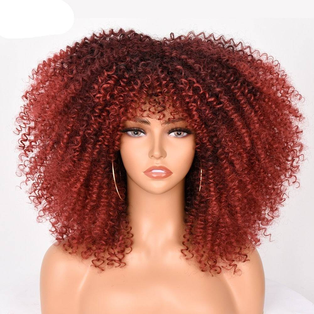 Red Ombre Afro Kinky Curly Wig with Bangs, 16-inch synthetic short curly wig for Black women, featuring a bold and voluminous texture.