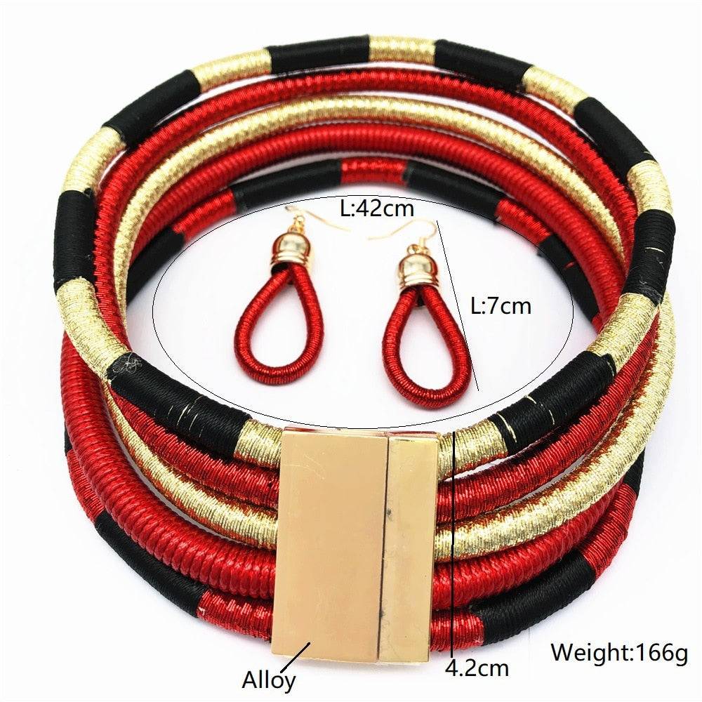 Detailed African choker multi-layer necklace set in red, black, and gold with matching earrings. Includes size and weight specifications for buyers.