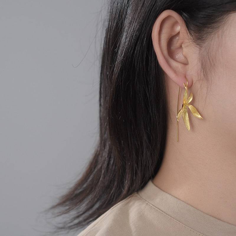 Beautiful Big Orchid Gold Flower Earrings