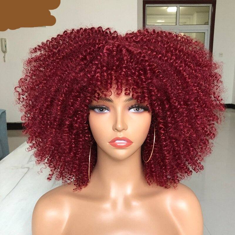 Bright red Afro Kinky Curly Wig with Bangs, featuring tight curls for a bold and fashionable statement.