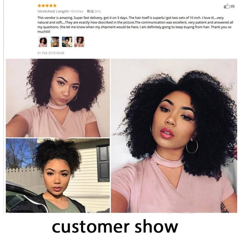 Customer review showcasing before and after results of Afro Kinky Curly Clip In Extensions. Soft, natural black curls for a fuller hairstyle.