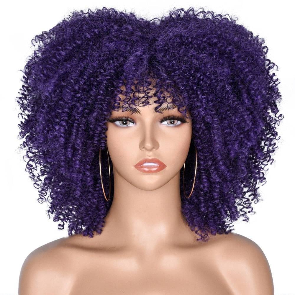 Deep purple Medium length Afro Kinky Curly Wig with Bangs, featuring tight curls for a bold and stylish look.