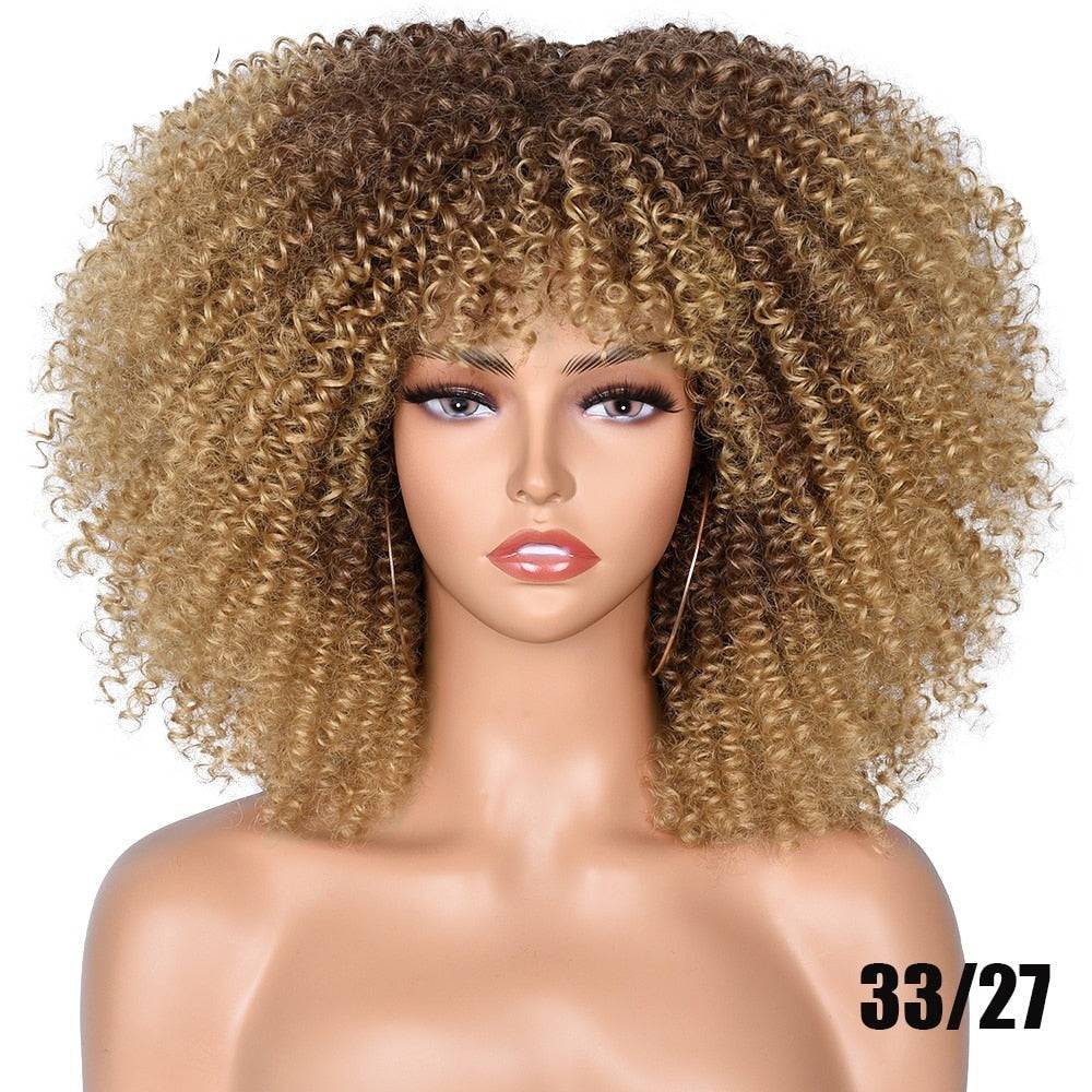 Blonde ombre Afro Kinky Curly Wig with Bangs in shade 33/27, offering a voluminous and natural curly texture for a trendy look.