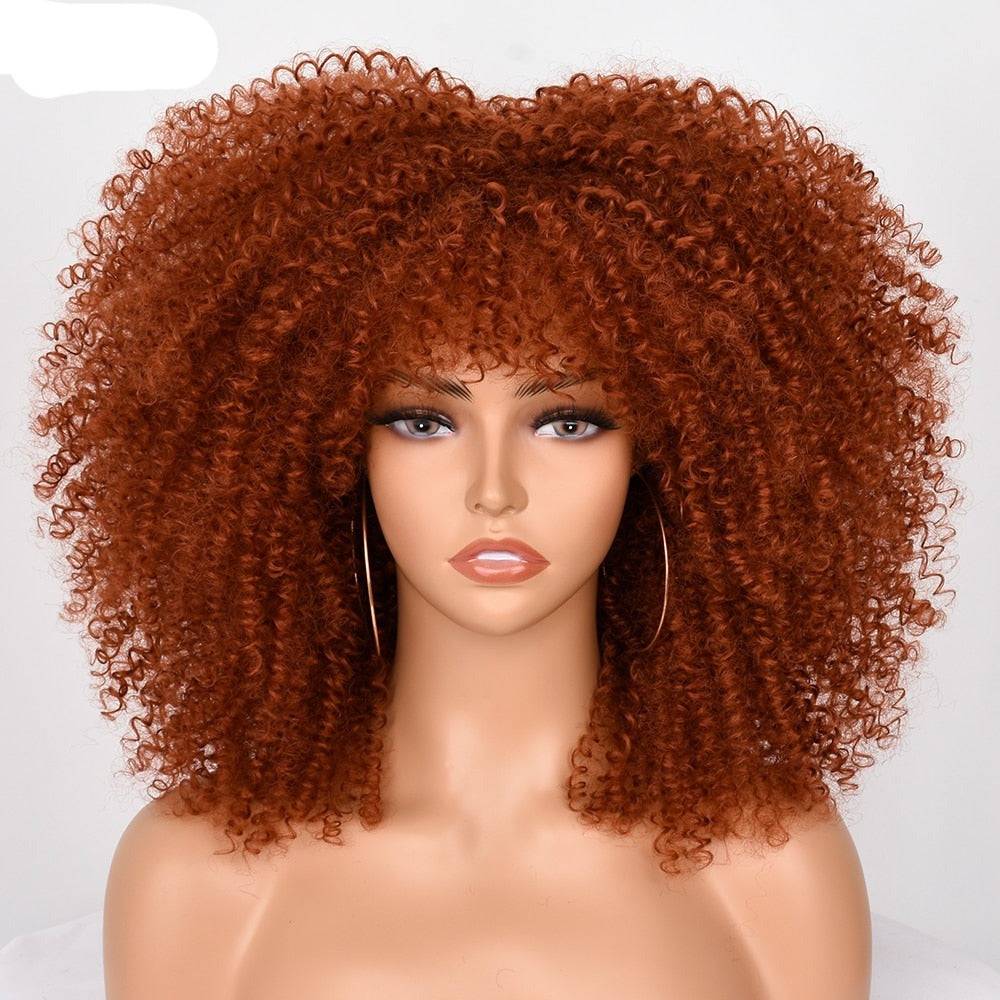 Copper Red Afro Kinky Curly Wig with Bangs, 16-inch synthetic short curly wig for Black women, offering a vibrant and voluminous style.