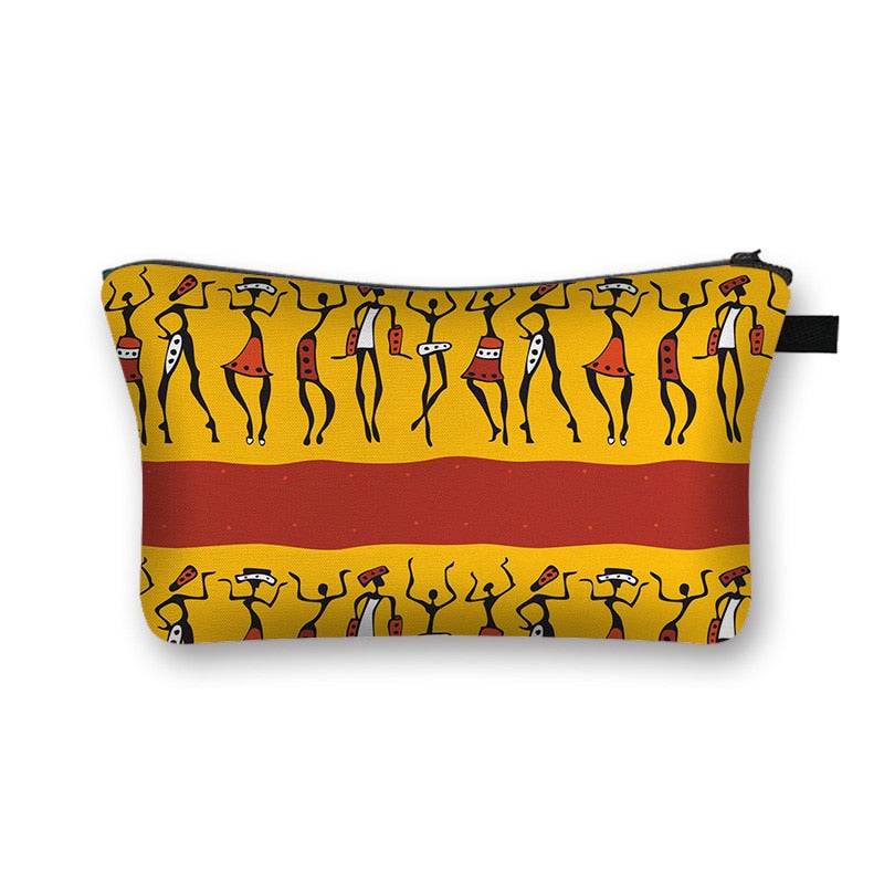 African print makeup bag featuring dancing figures on a yellow background. Stylish and lined cosmetic pouch with cultural artwork.