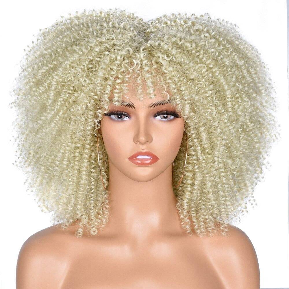 Platinum blonde Afro Kinky Curly Wig with Bangs, featuring voluminous curls for a bold and stylish appearance.