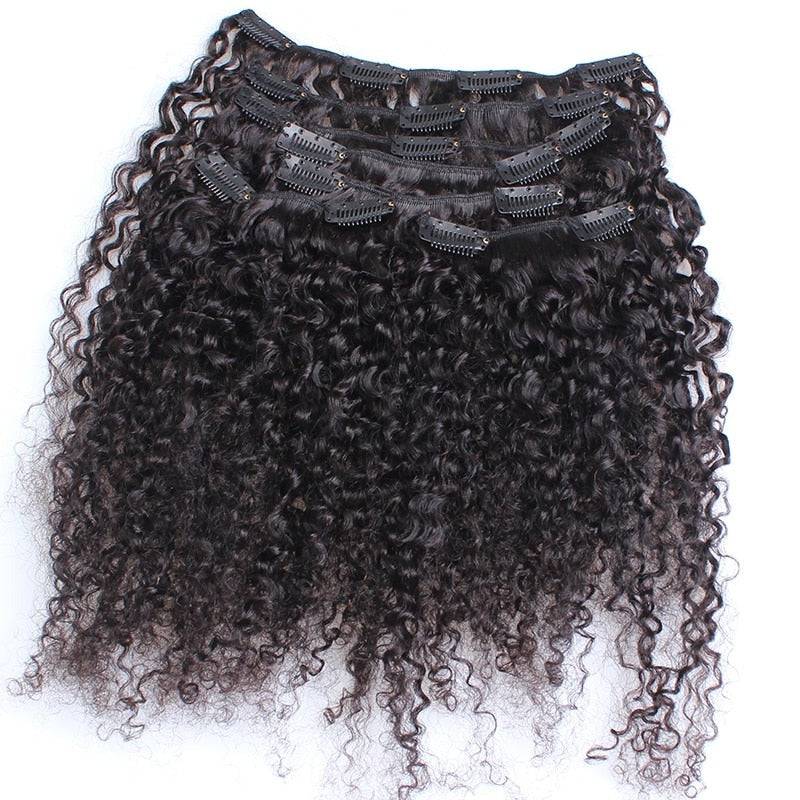 Full set of Afro Kinky Curly Clip In Human Hair Extensions in natural black. Designed for volume and easy styling.