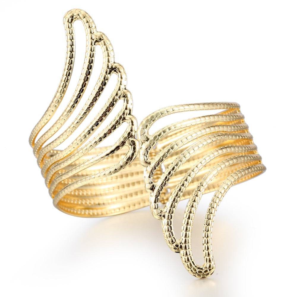 Gold Aurora Wing Cuff with a textured finish, designed for locs, sisterlocks, dreadlocks, and braids. A stylish and adjustable hair accessory.