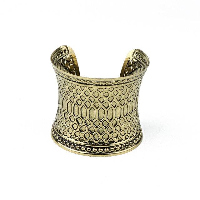 Antique gold-tone hair cuff with a textured snake-skin pattern for locs, sisterlocks, dreadlocks, and braids. Adjustable and non-damaging hair accessory.
