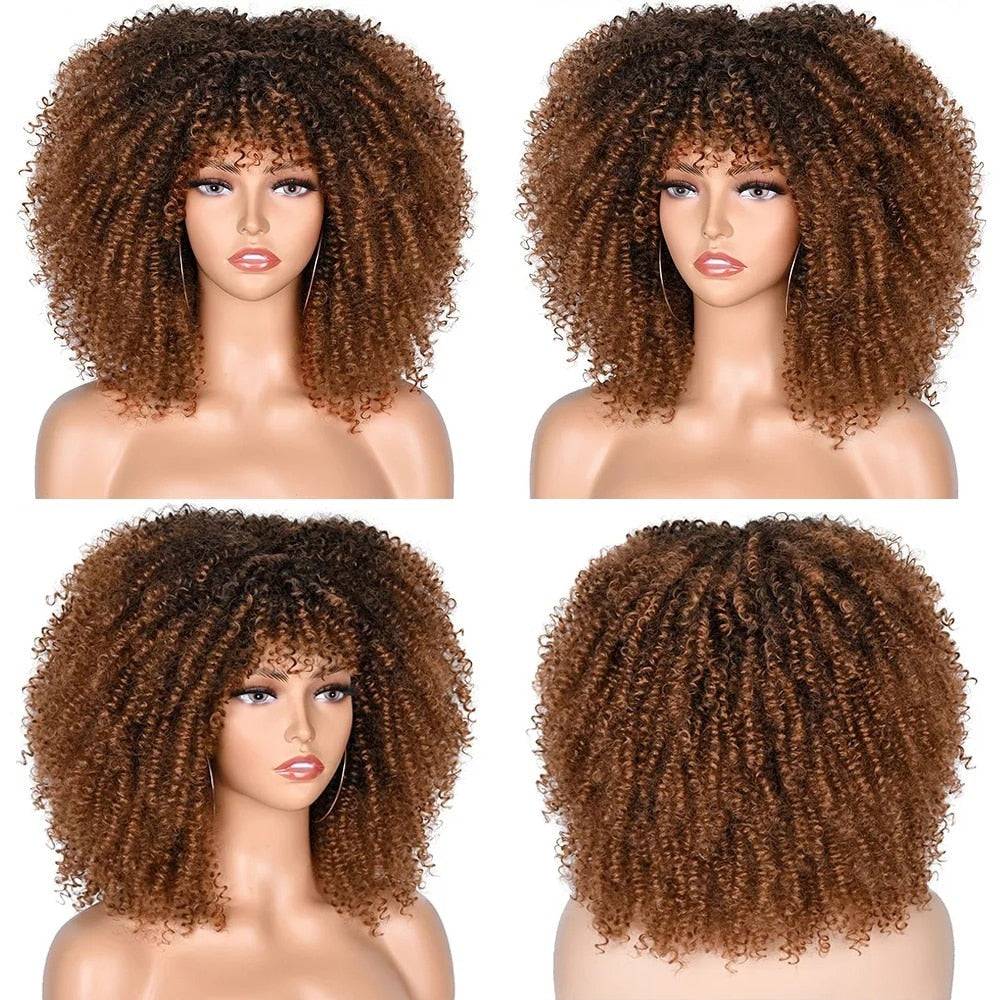 Multiple angles of the Medium length Afro Kinky Curly Wig with Bangs in ombre brown, highlighting its voluminous curls and natural look.