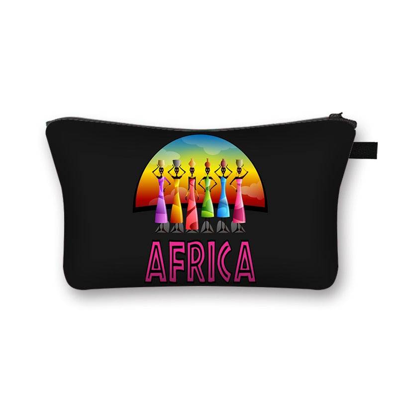 Black African print makeup bag with colorful women silhouettes and &