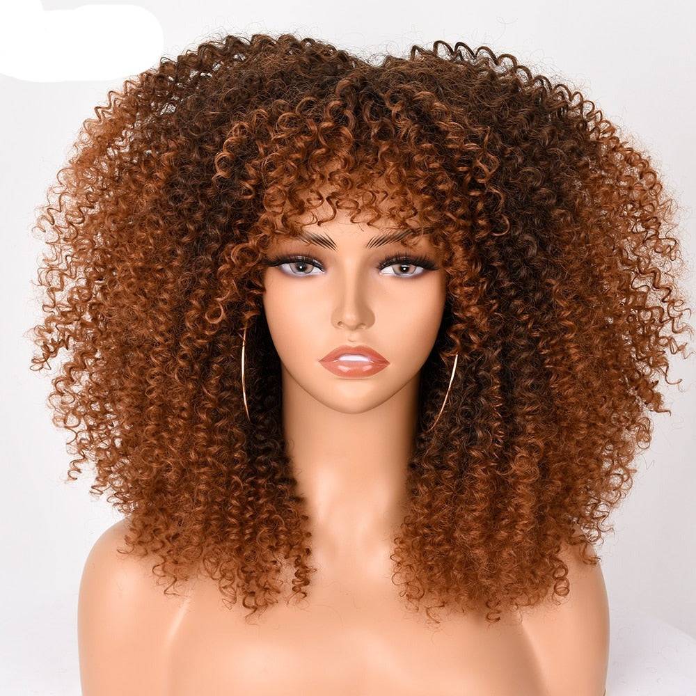 Brown Ombre Afro Kinky Curly Wig with Bangs, 16-inch synthetic short curly wig for Black women, designed for a natural and voluminous look.