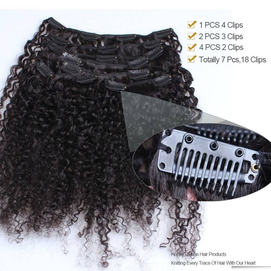 Close-up of Human Hair Afro Kinky Curly Clip In Extensions with secure clips. Full head set for easy and natural hair enhancement.