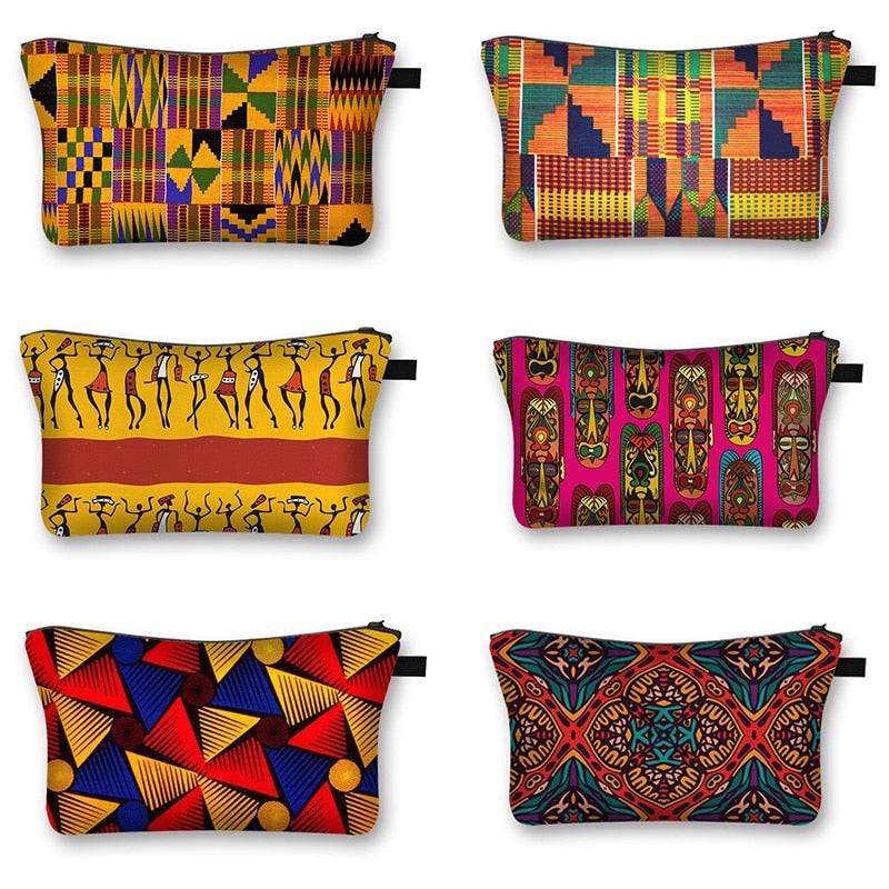 Set of six African print makeup bags with various vibrant patterns. Stylish and spacious cosmetic pouches with secure zippers.