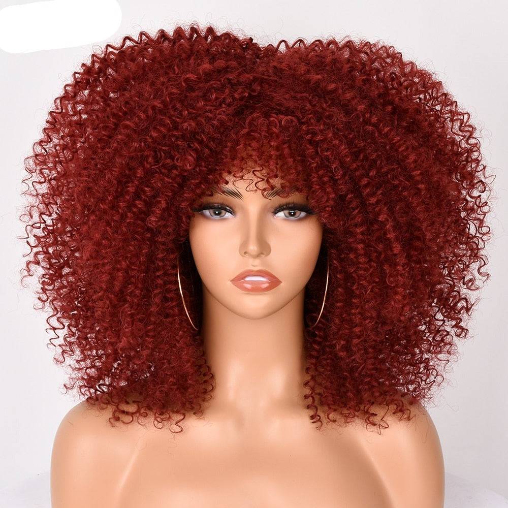Bright Red Afro Kinky Curly Wig with Bangs, 16-inch synthetic short curly wig for Black women, offering a vibrant and voluminous style.