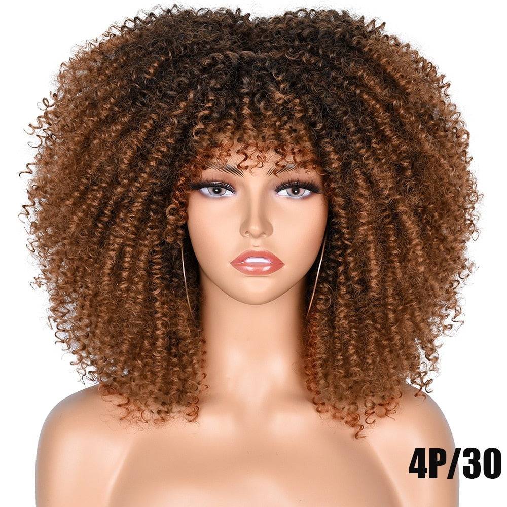 Afro Kinky Curly Wig with Bangs in shade 4P/30, offering a voluminous and natural curly texture for a stylish and bold appearance.