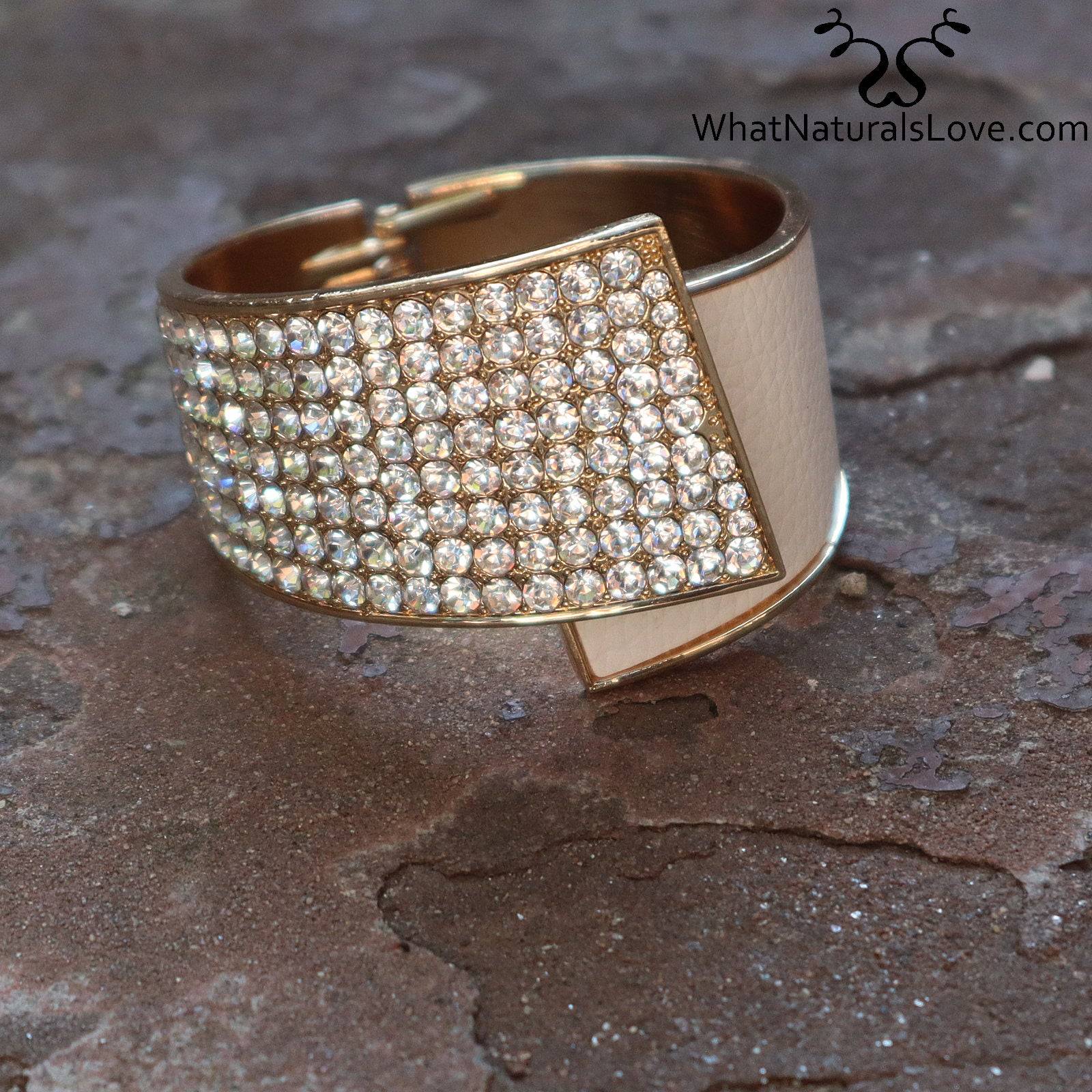 Close-up of a rhinestone hair cuff with gold-tone accents. A stylish and secure ponytail holder for locs, dreadlocks, braids, and curls.