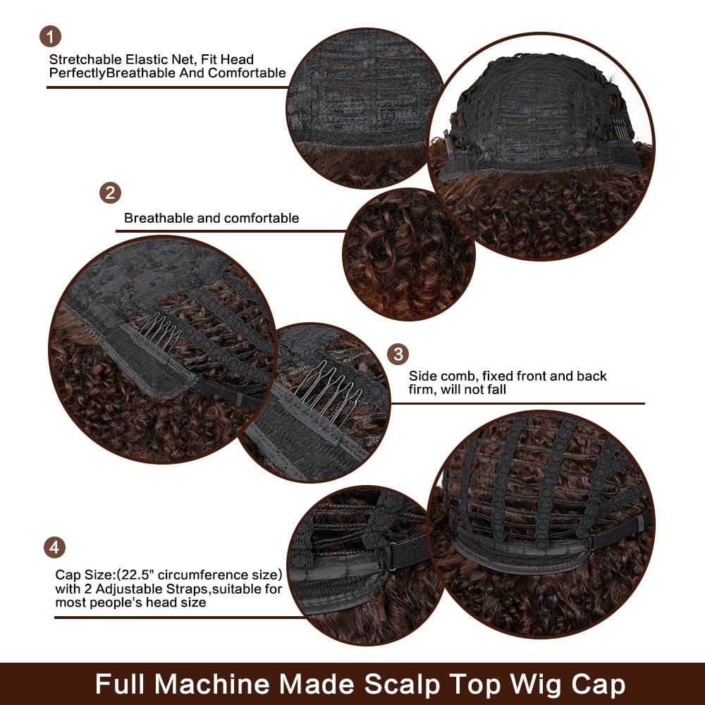 Full machine-made scalp top wig cap with adjustable straps and breathable elastic net for a secure and comfortable fit.