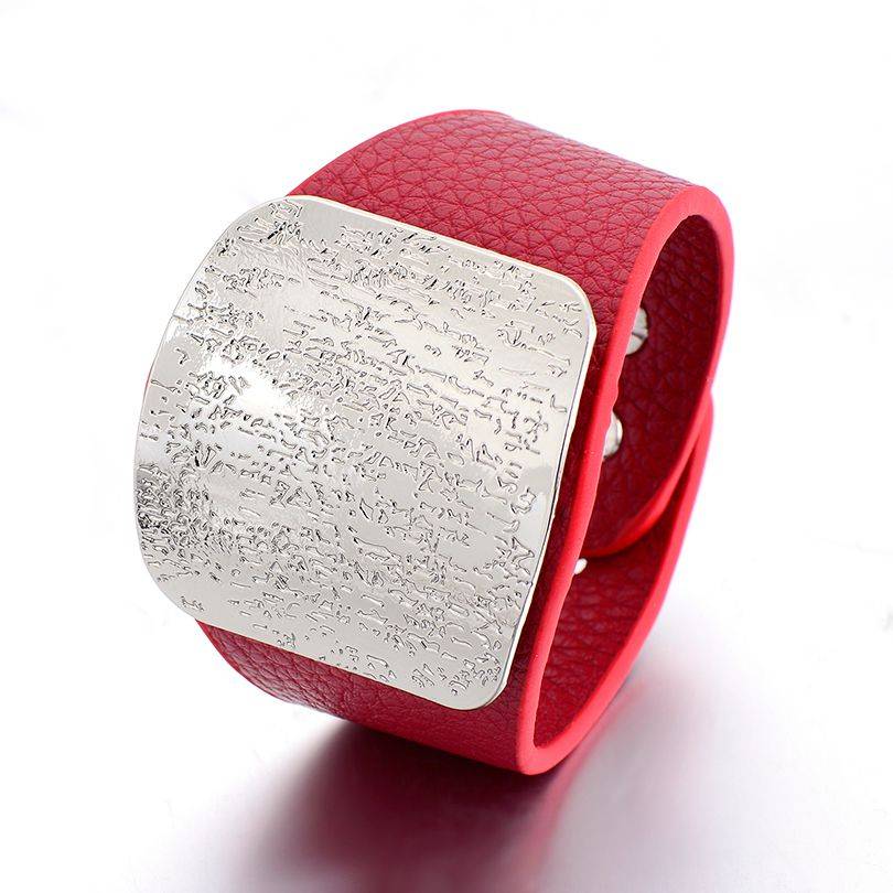 Crimson red leather hair cuff with a textured silver plate, designed for locs, sisterlocks, and dreadlocks. A stylish and secure hair accessory.